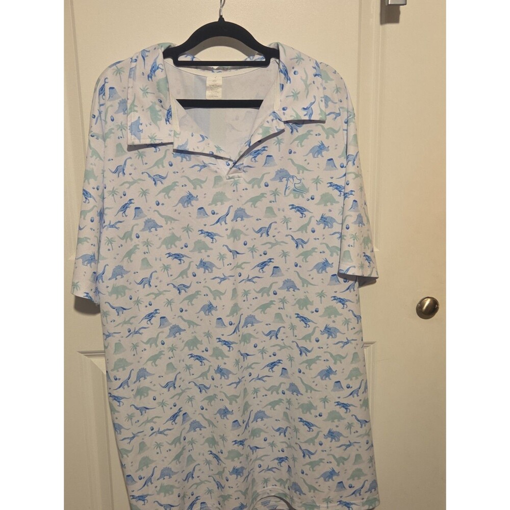 “Mens 2XL Dinosaur Golf Polo Shirt All Over Print Blue Mint Novelty Performance